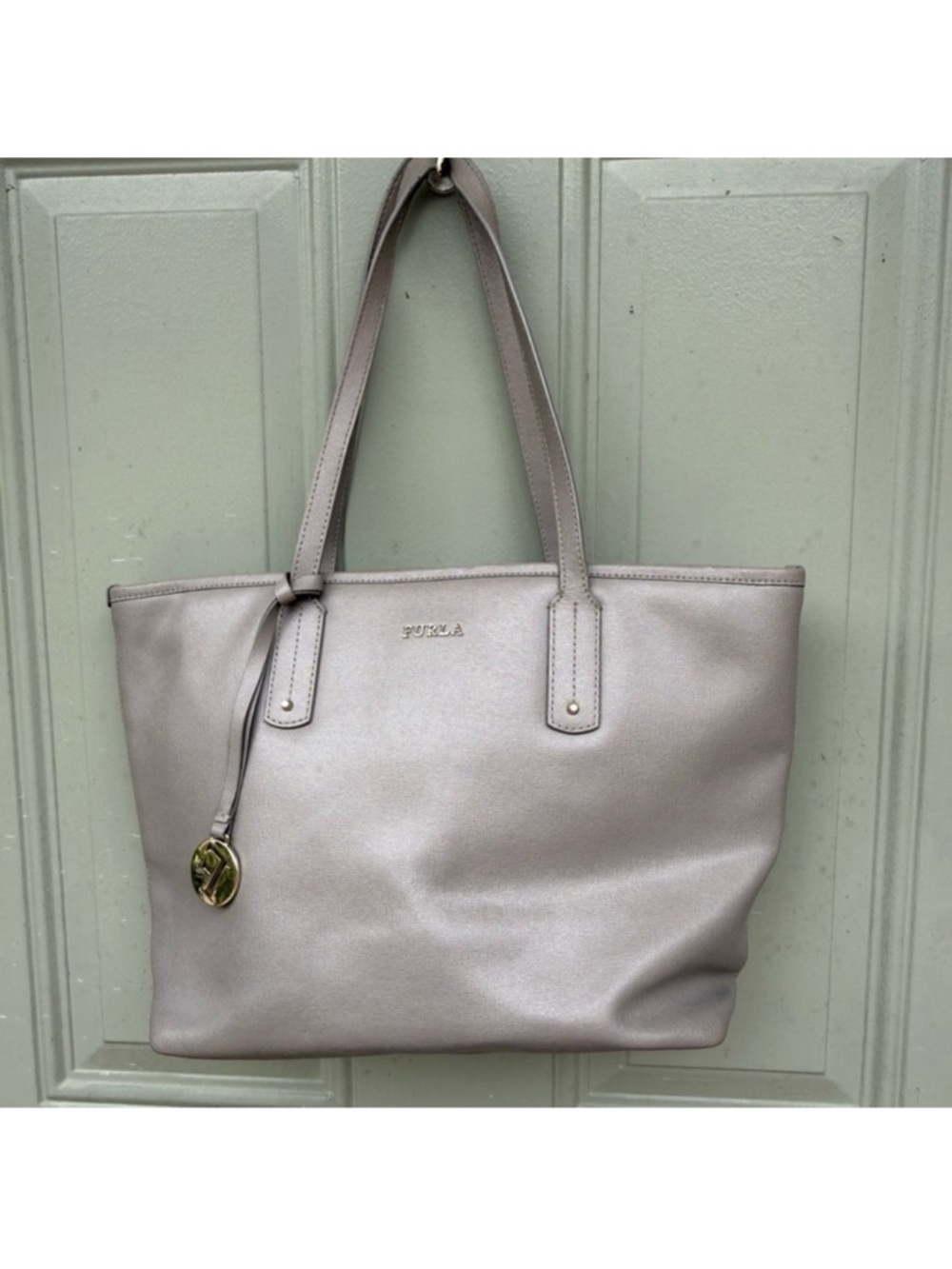 Furla Shimmering Light Pink Leather Tote with Gold Charm